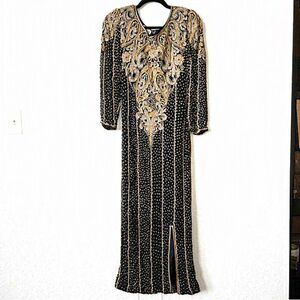 Vintage‎ Fantasy by Lisa Kane Black & Gold Fully Beaded Silk Maxi Dress Small